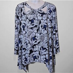 Roaman's Asymetric Cutout Floral Top Plus Size 3X Long Sleeve